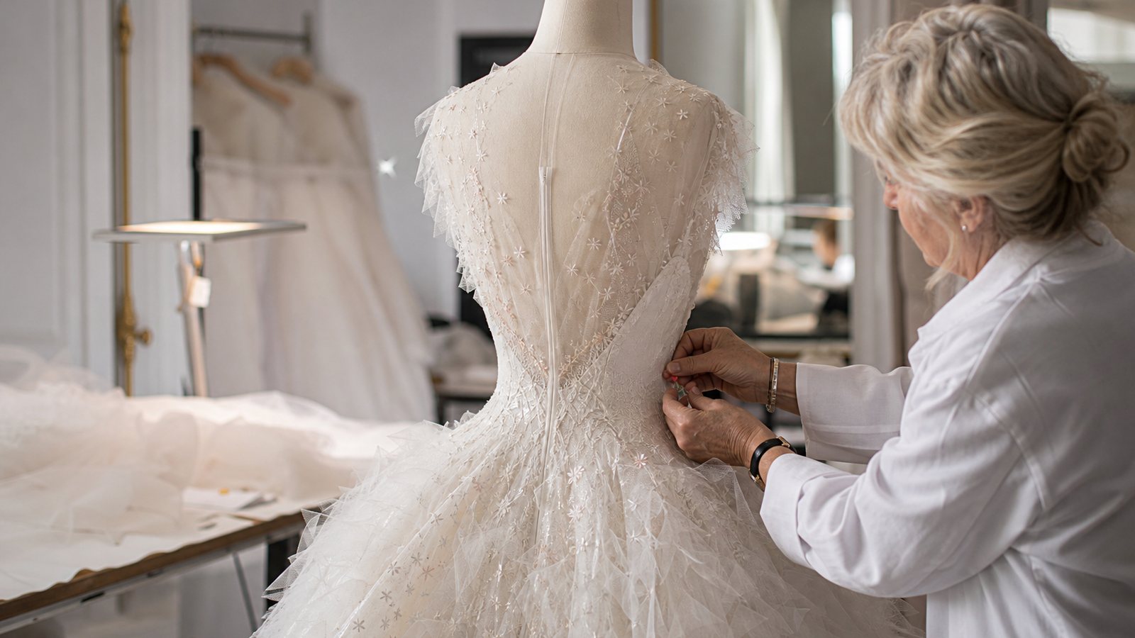Mariee essayant une robe de mariee haute couture drapee devant le miroir d'un atelier