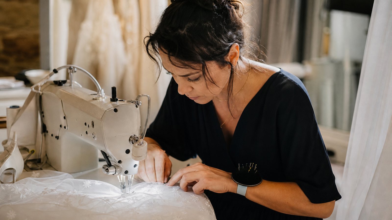 Couturiere ajustant a la main le bustier d'une robe de mariee dans un atelier lumineux
