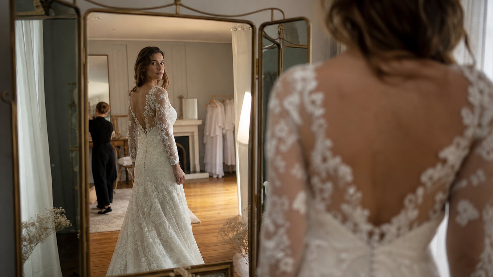 Mariee de dos en essayage devant un grand miroir, la couturiere epinglant la traine