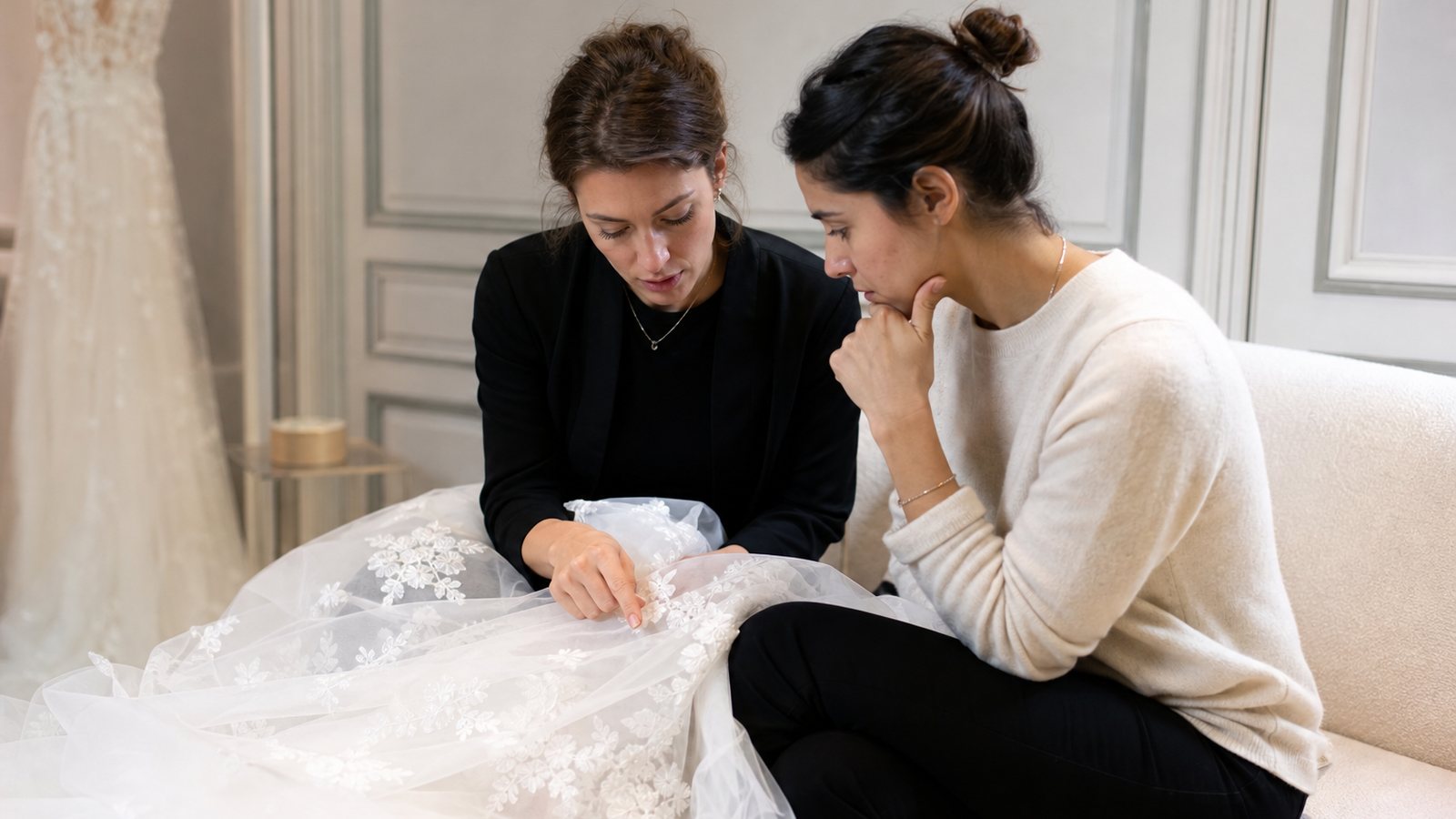 Styliste esquissant un croquis de robe de mariee face a une future mariee a l'atelier