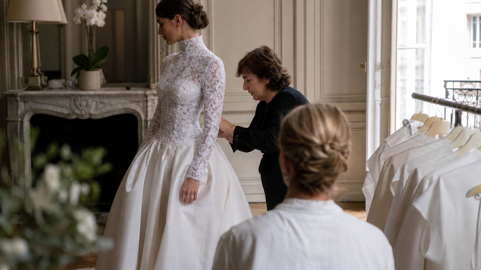 Robe de mariee haute couture presentee sur un mannequin dans un atelier elegant et sobre