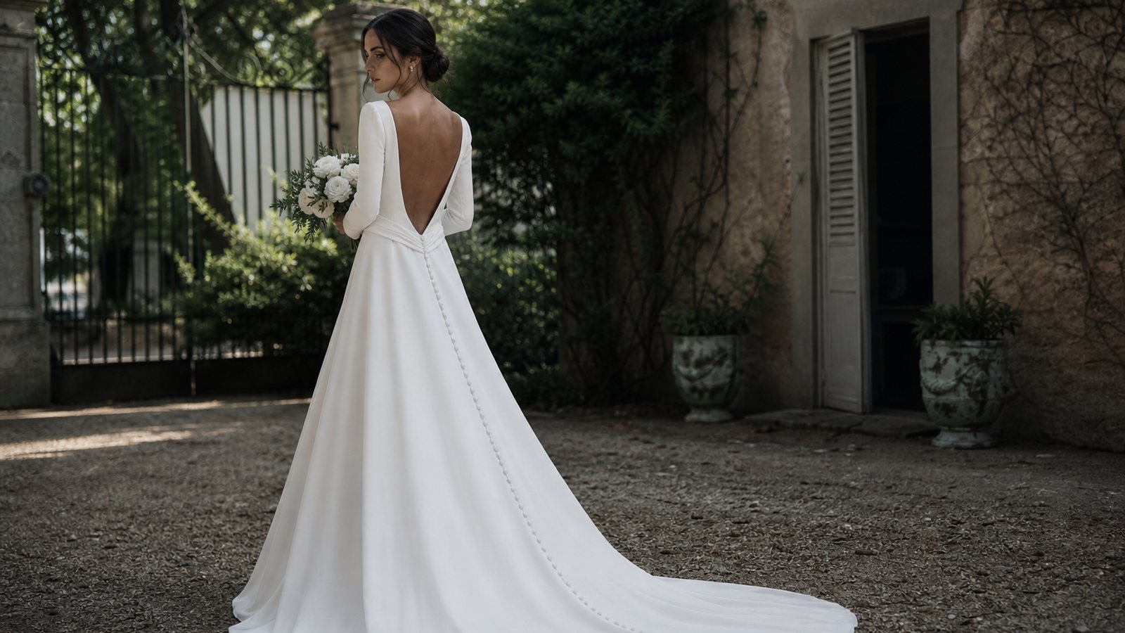 Mariee de profil dans une robe fourreau soulignant sa silhouette dans un atelier clair