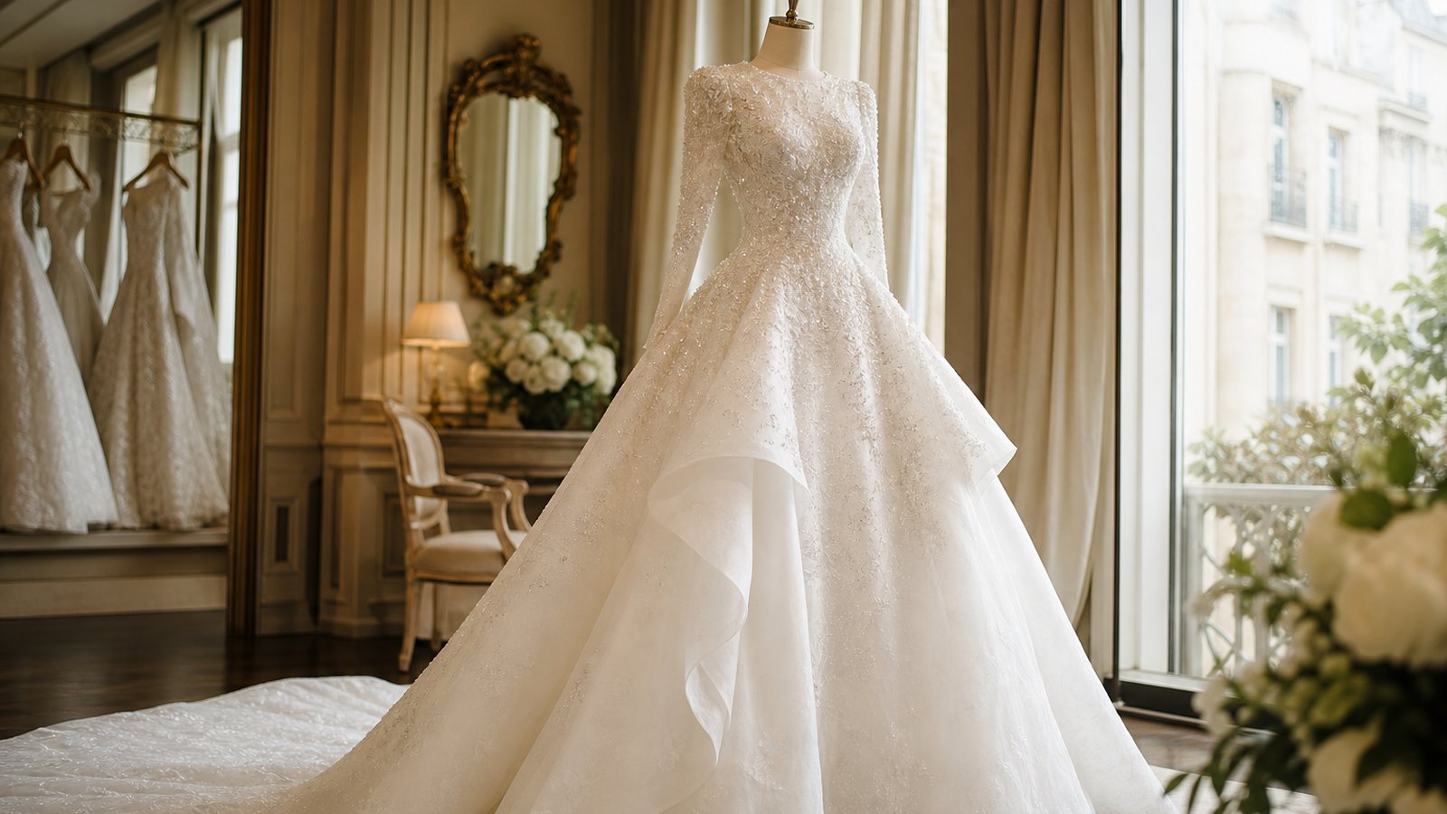 Robe de mariee haute couture sur un mannequin dans un atelier